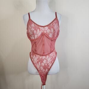 Mapale Women's Terracotta Lace Corset Bodysuit Lace Up Size Large Floral EUC